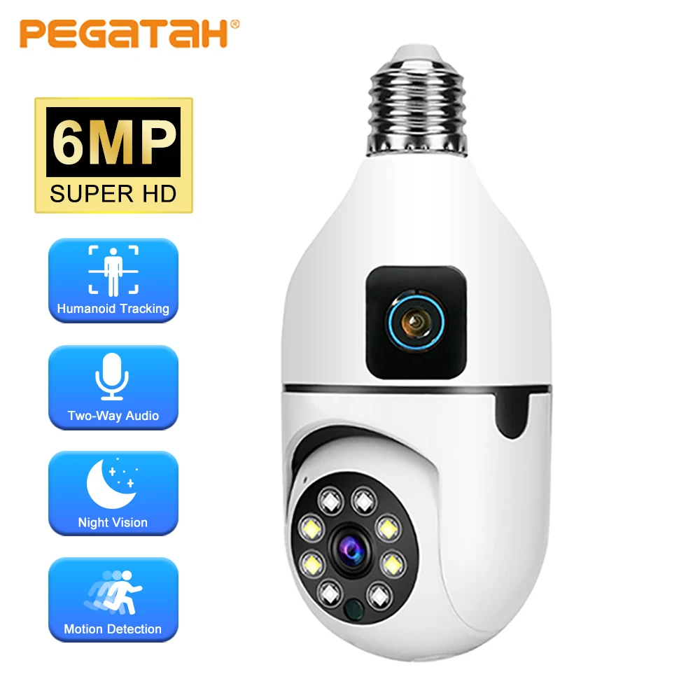 

NEW 6MP Bulb WIFI Camera Dual Lens Indoor Surveillance AI Human Tracking Wireless Voice Alarm Cameras Smart Home 8X Zoom Monitor