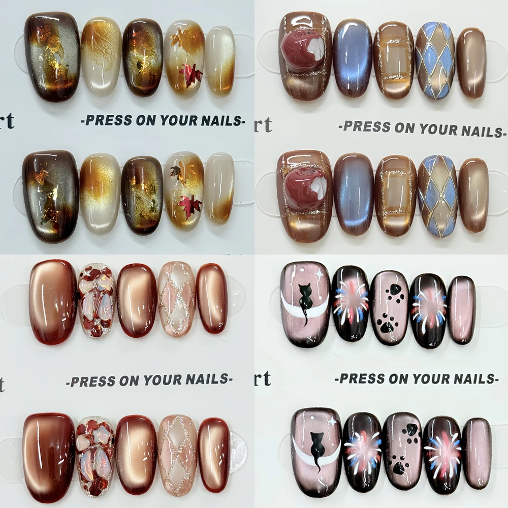 

Cute Autumn Winter Handmade Short Square Ellipse Press On Nails Cat Eyes Leaf Apple Diamond Cherry Pumpkin Wearable Fake Nails