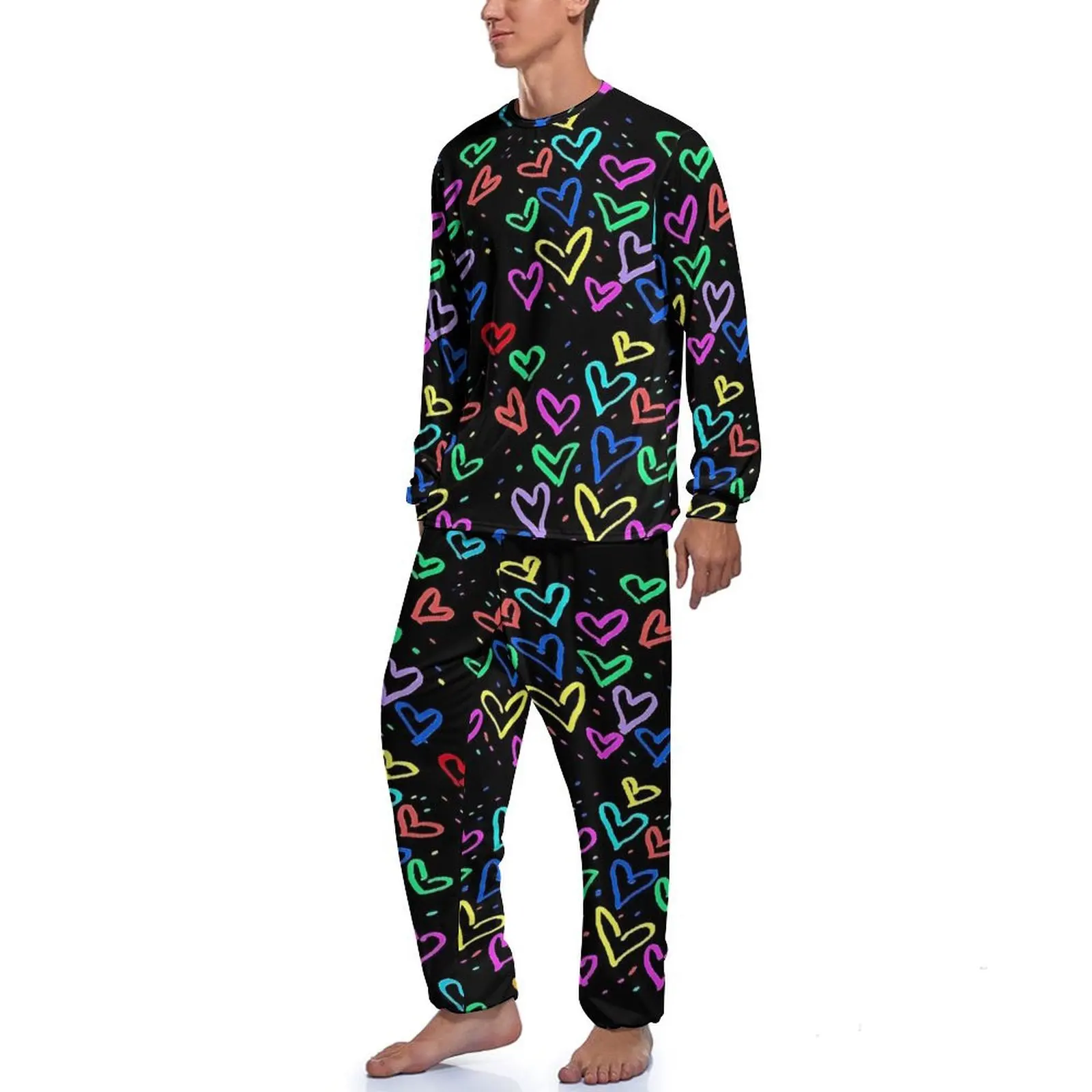 Love Hearts Colorful Print Pajamas  Men Long Sleeve Lovely Pajama Sets 2 Pieces Room Winter Custom Sleepwear Birthday Gift