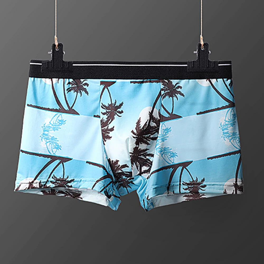 Men Ice Silk Underwear Camouflage Printed Boxer Hawaiian Style Briefs Bulge Pouch Soft Underpants Trunks Sleep Bottoms 