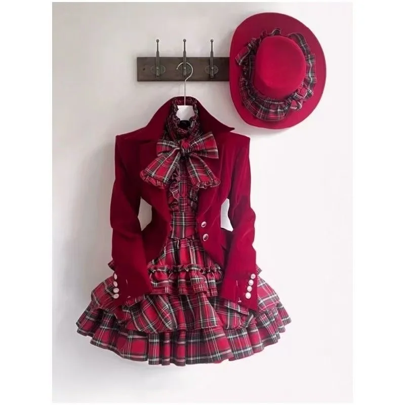 Red Grid Art Chapter Japanese Lolita Three-Piece Set School Jacket Skirt Shirt Bow Tie Ensemble Women's Retro Style Doll Clothes