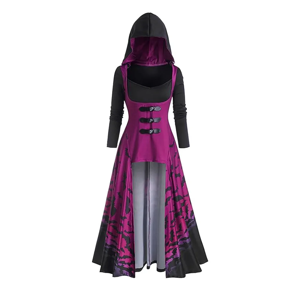 

Color Cosplayer Purple Halloween Dress Witch Cosplay Costume Hooded Dress Gothic Long Sleeve Bat Pattern Adult Carnival Clothing