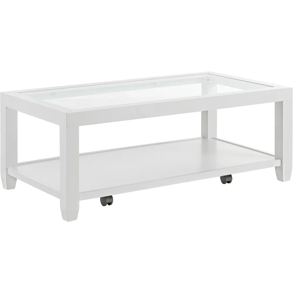

Glass Top Wood White Coffee Table with Shelf Storage