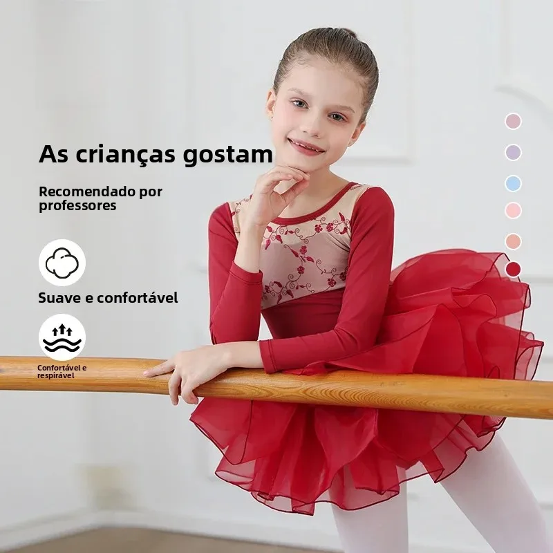 ロリータ愛らしいベビー長袖バレエダンス練習着刺繍レースエッジ子供用パフォーマンス服女の子用