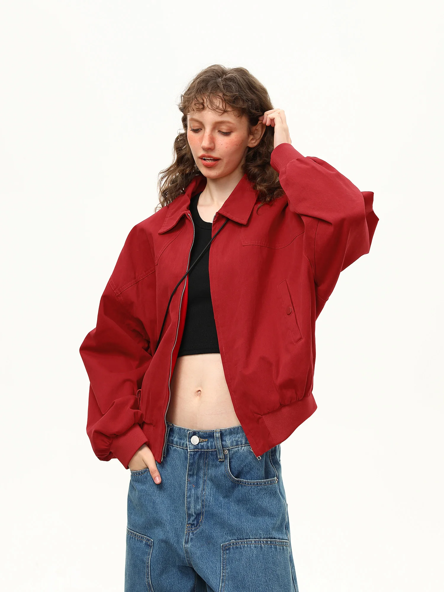 

Wild Red Harrington Jacket Loose Fit Unisex Autumn Basic Short Outerwear Trendy High-End Feeling Street Style Zipper Closure