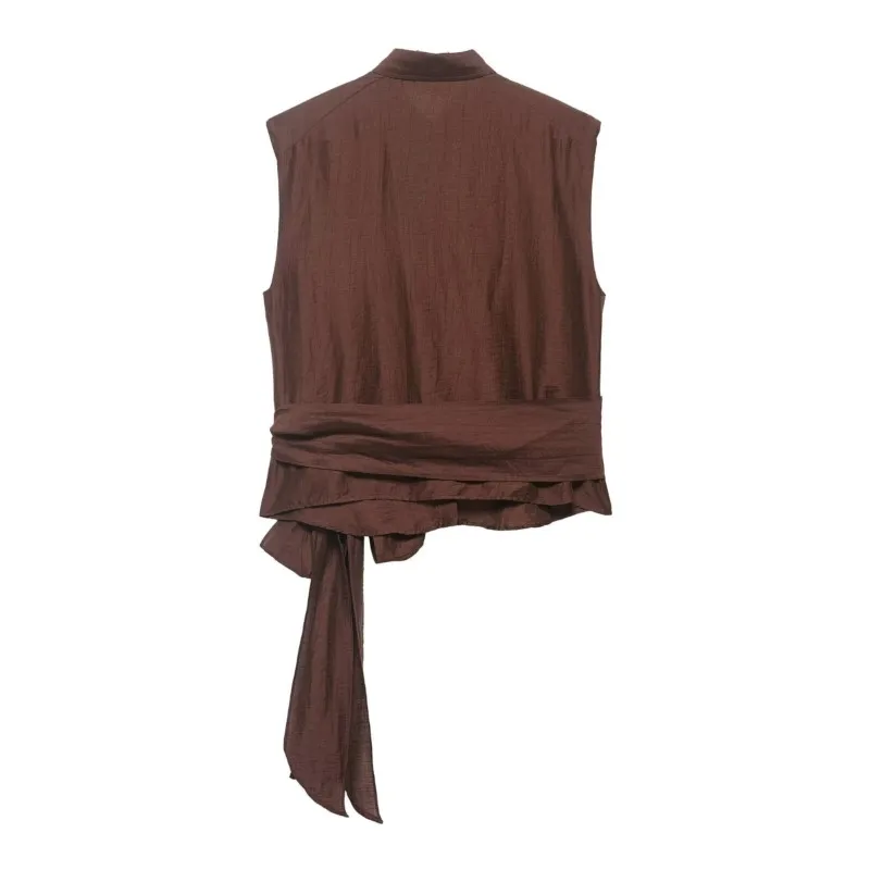 Women's Linen Top with Belt New 2026 Spring Summer Halter Neck Shoulder Pads Women Tank Top Lady Waistcoat Female Chic Tops
