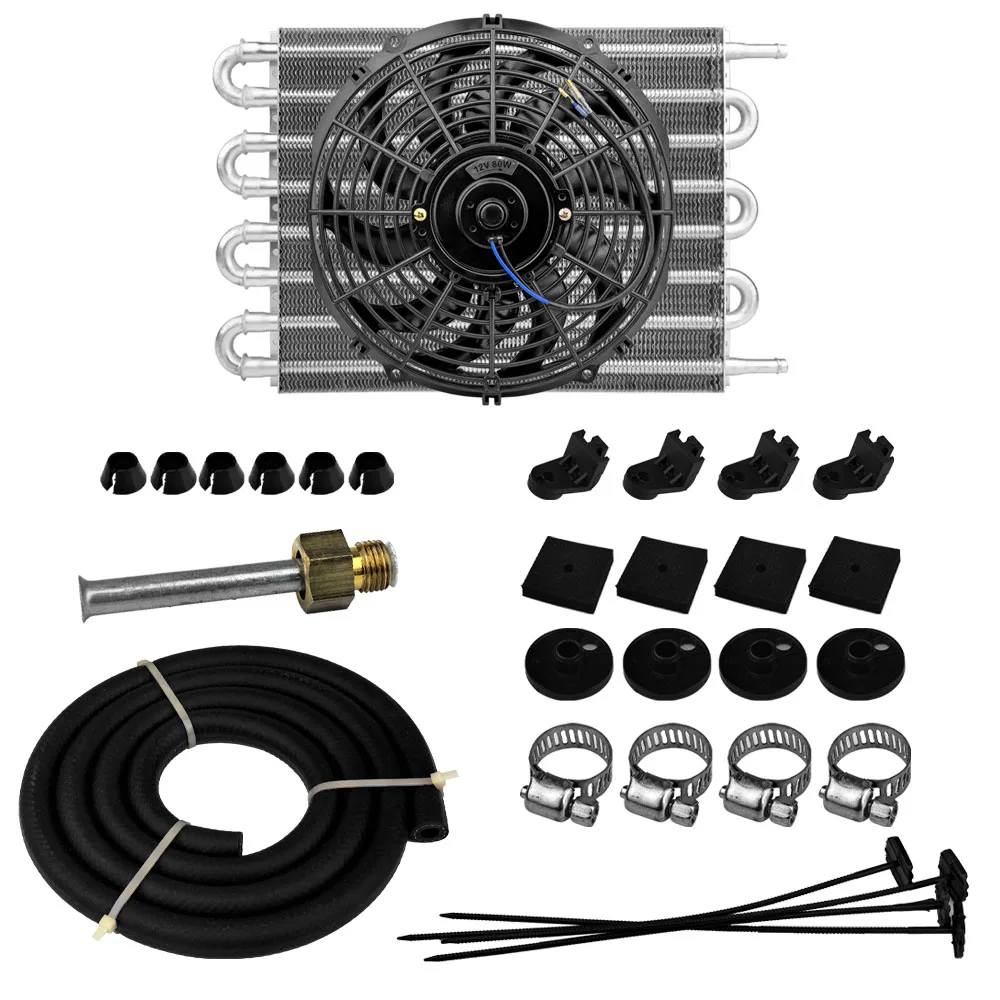 Universal 8-row Oil Cooler Fan Kit with 6AN Connector Oil Hose 180 ° F Thermostat Switch Engine Transmission Oil Cooling
