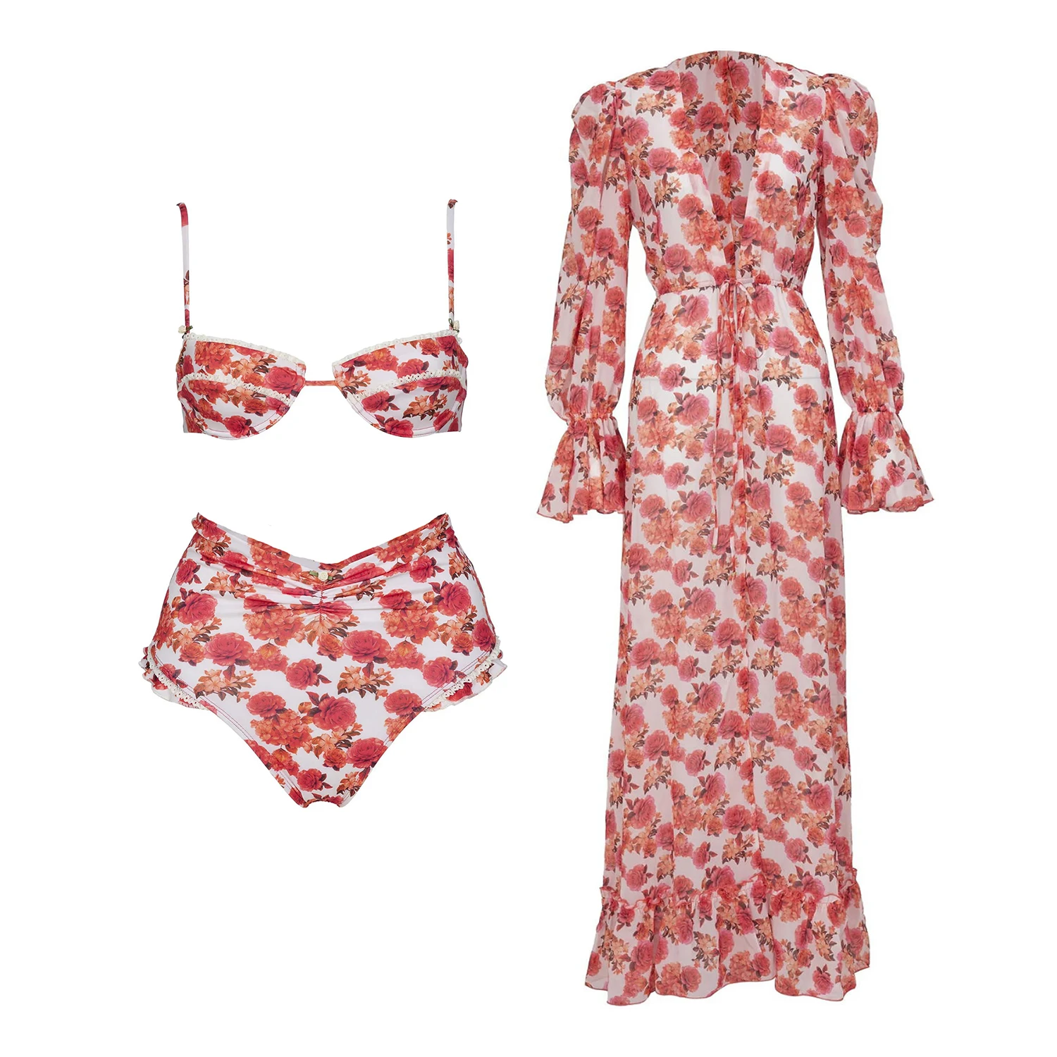 Floral 3Pcs Sexy Bikini Women Swimsuit 2026 Swimwear High Waist Biquini Female Swim Suit Cover Up Push Up Bathingsuit  Beachwear