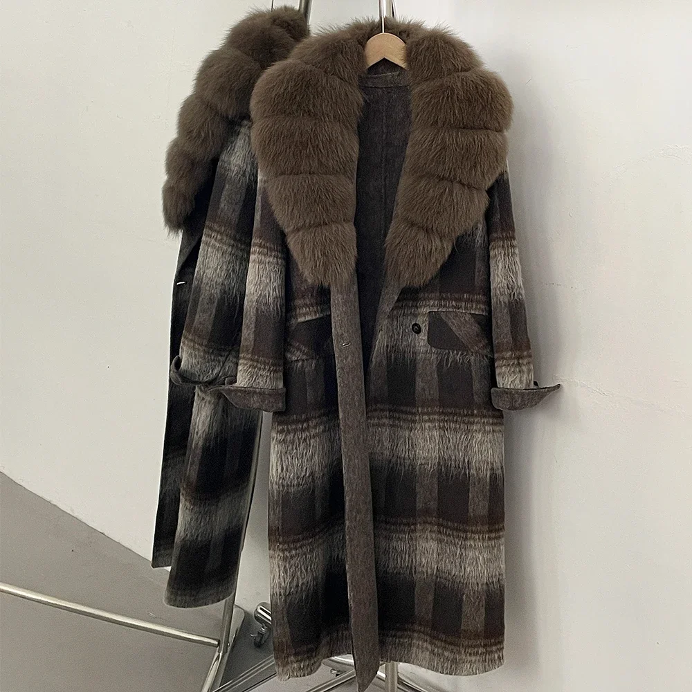 OFTBUY New Warm Winter Outerwear for Female Mid Long 100% Wool Coat Women Real Fox Fur Lapel Collar Vintage Plaid Woolen Jacket