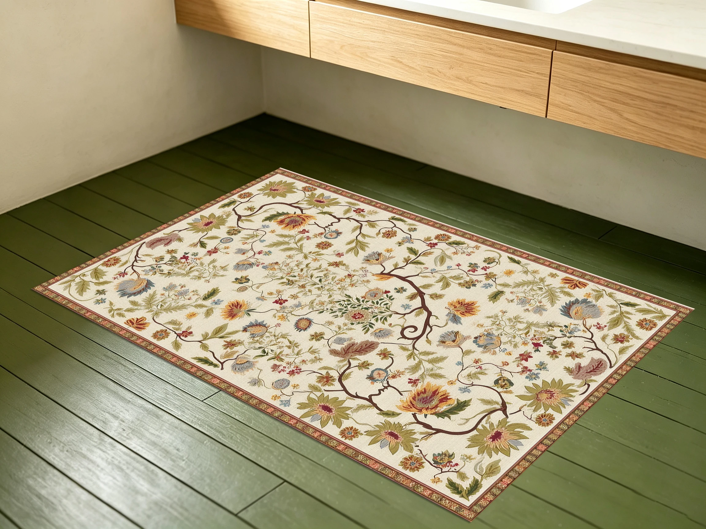 2D Carpet, Beige Retro Floral Pattern 2D Carpet, French Retro Style, Soft and Skin-Friendly, Suitable for Living and Dining Areas..