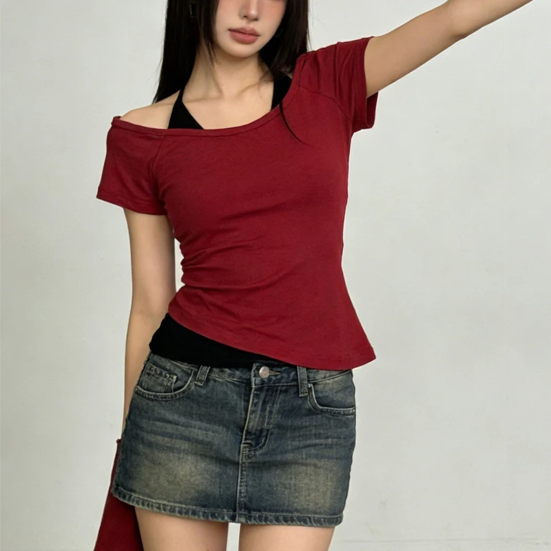 

American-style Retro K2Y Fake Two-piece Short-sleeved Shirt with Strap and Hanging Neck for Women 2026 Summer Design Short Top