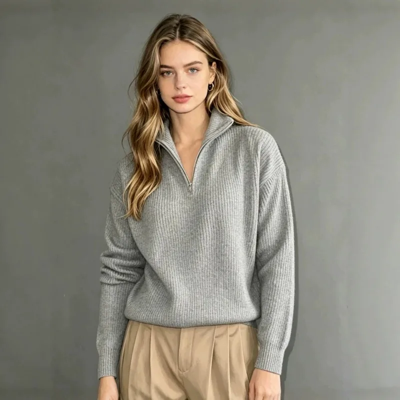 Women's Casual Half-zipper Knitted Sweater V-neck Long-sleeved Loose and Versatile Pullover Sweater for Women Turn-down Collar