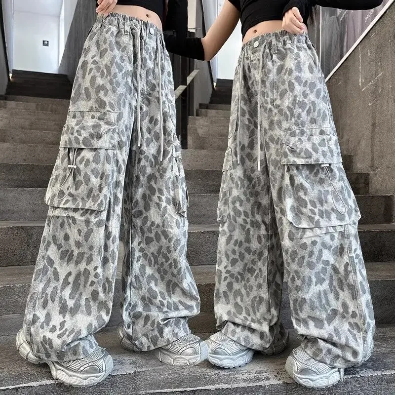 Girl's Thin Leopard Print Cargo Pants Wide Leg Casual Pants for 5-12 Years Kids Spring Summer Autumn Trendy Children's Clothing​