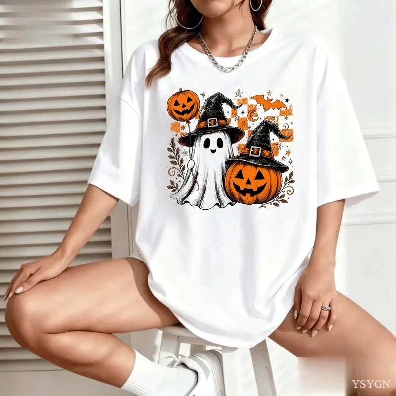 Cute Halloween Ghost Witch Hat Pumpkin Bat Spider Web Art Print Graphic Ladies T Shirt Short Sleeve Crew Neck Casual Tee Tops