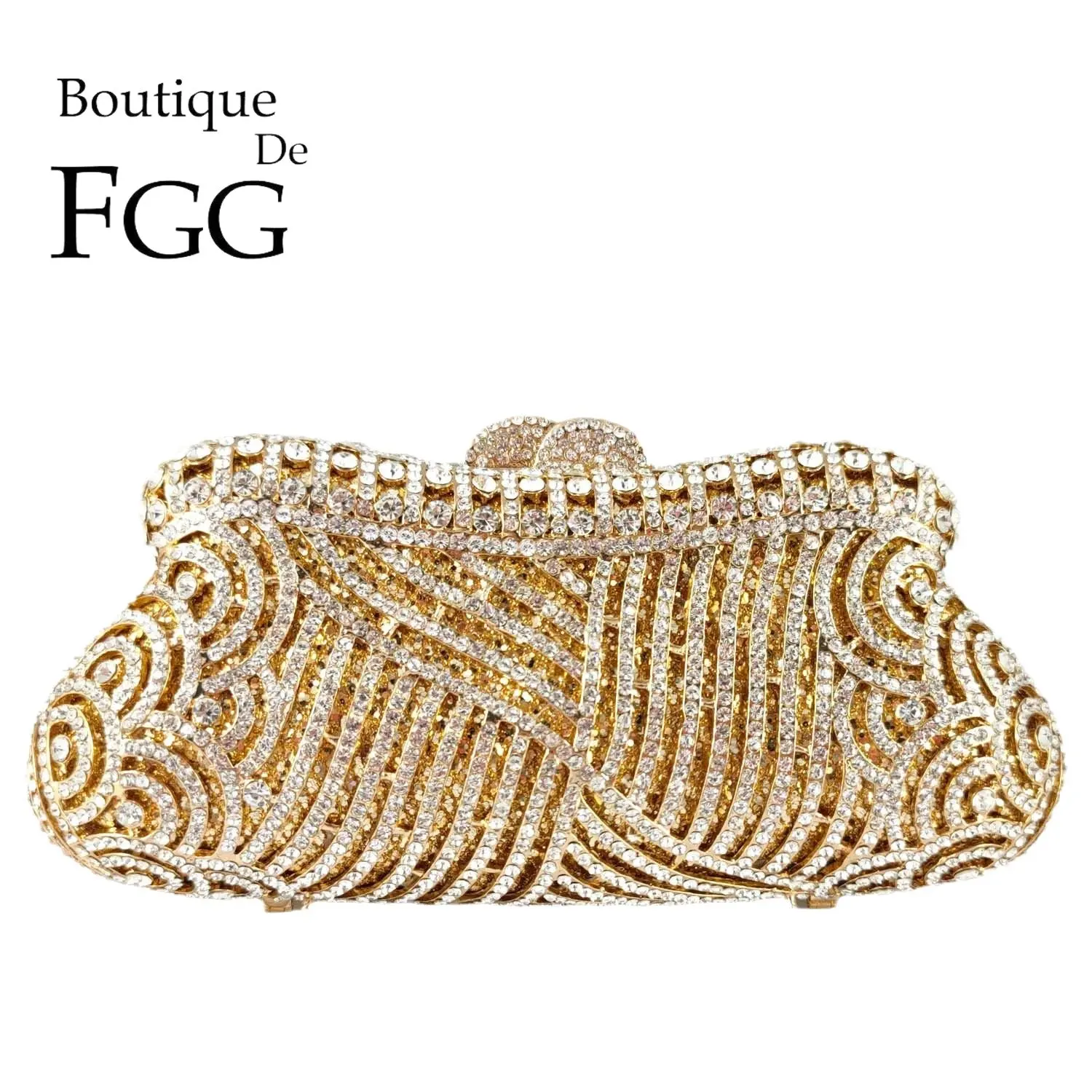 Boutique De FGG Elegant Women Gold Crystal Evening Bags Bridal Wedding Rhinestone Handbags Party Dinner Minaudiere Purse