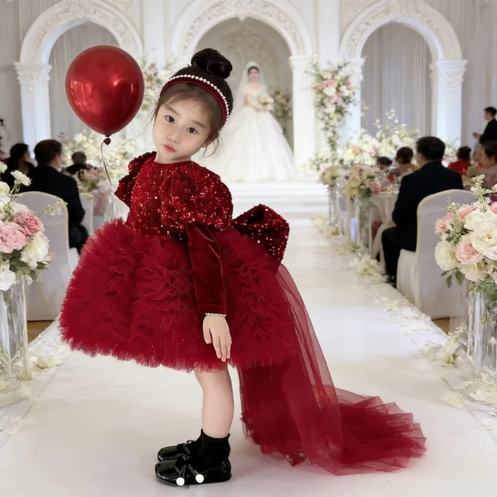 Burgundy Sequin Girls Princess Dress Vintage New Year Tulle Celebration Pageant Flower Girl Outfit Birthday Party Gown Puffy