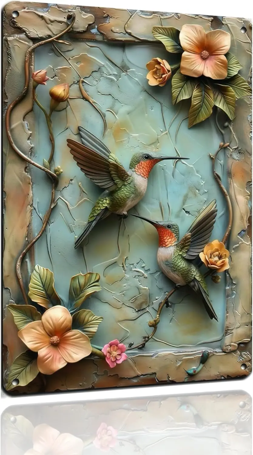 Vintage-Blechschild mit Kolibri und 3D-Effekt, Wanddekoration für Naturliebhaber, Kunst für Zuhause, Terrasse, Garten, Büro, Hinterhof – Geschenk