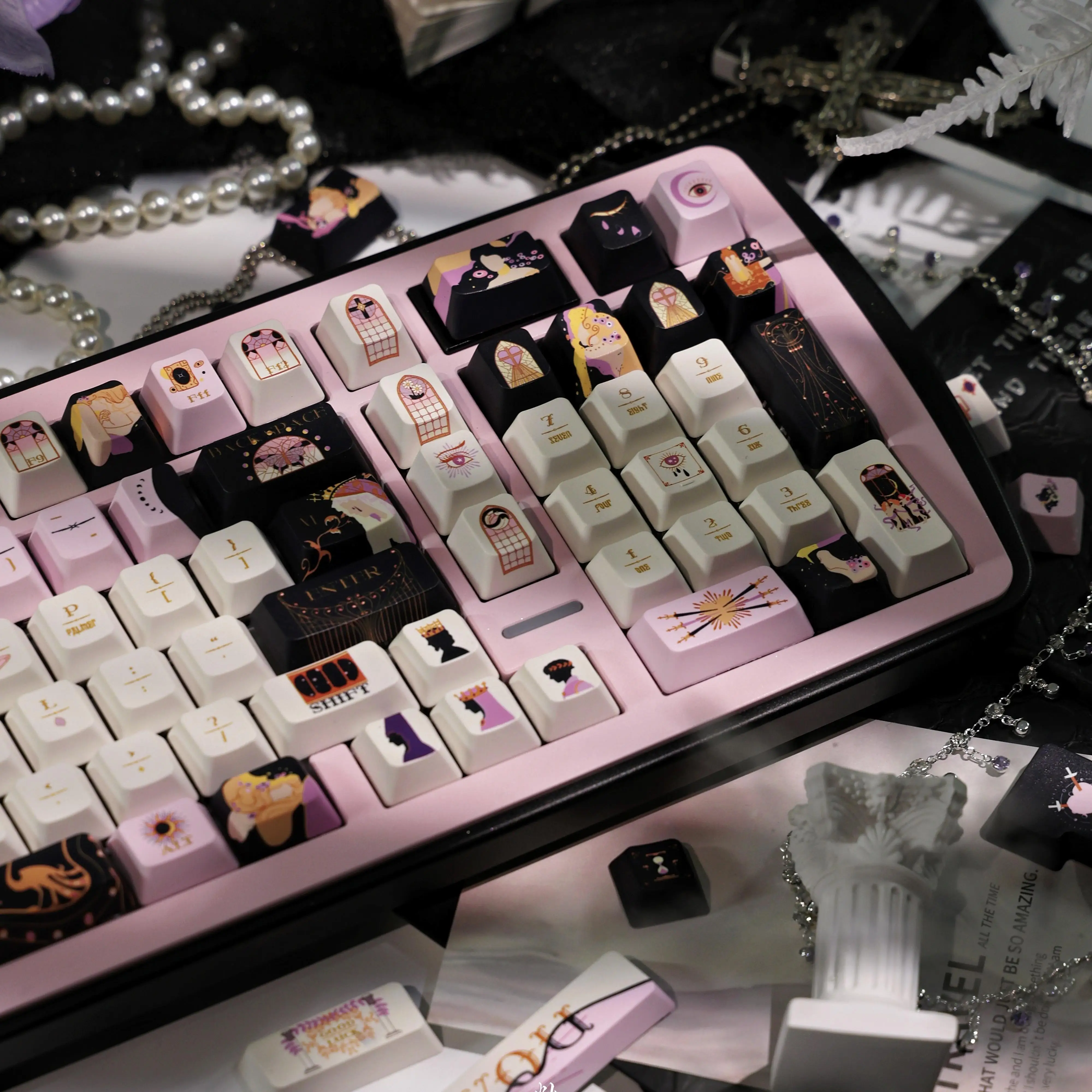 Virgin Mary Tears Keycap Pink Black Romantic Style Keycap L Shape Enter Key Cherry Pbt Keycap Set