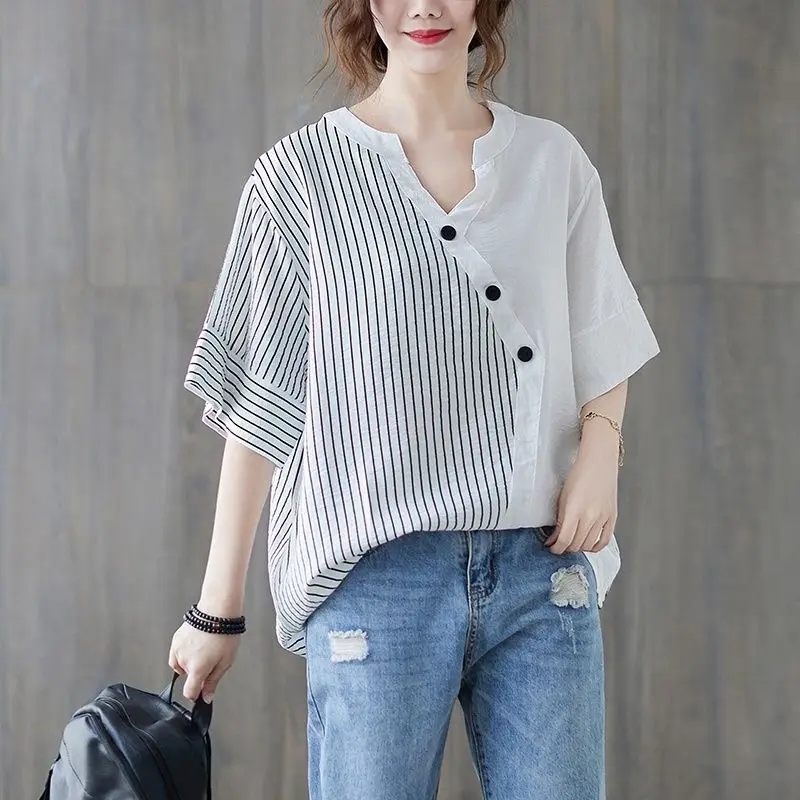 Summer Women's 2024 New Patchwork V-neck Button Striped Fashion Minimalist Commute Loose Casual Versatile Short Sleeved Shirts