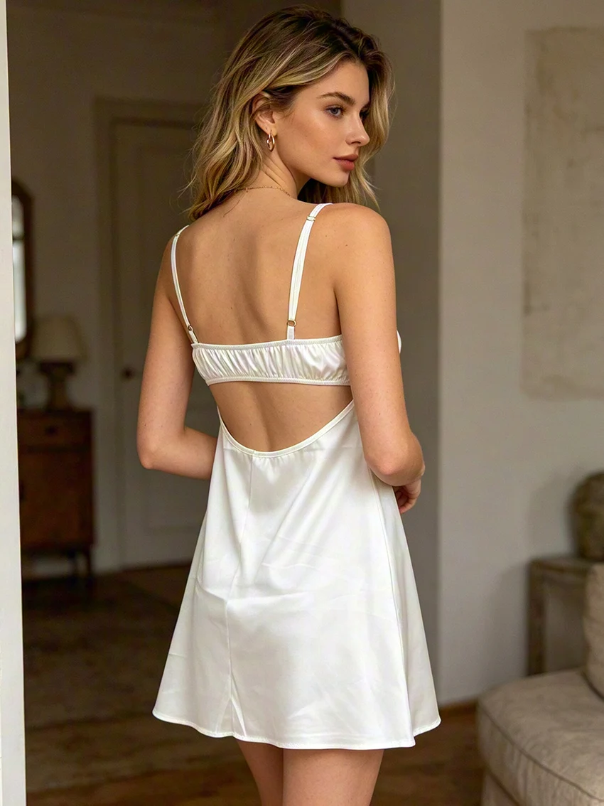 Elegant Ladies Glossy Silk Night Dress Floral Lace Cup Cami Chemise Back Cutout Ruched Waist Short Satin Sleepwear Lingerie Gown