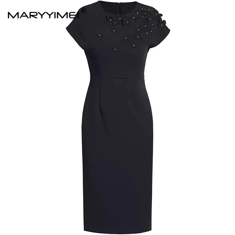 

MARYYIMEI Fashion Summer Women's Dress Garment Sleeved Appliques High Waiste Lace-UP Commuter Solid color Slim Dresses