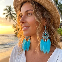 Vintage Bohemian Natural Feather Earrings for Women Fashion Long Temperament Rhinestone Dangle Earring Party Wedding Jewelry