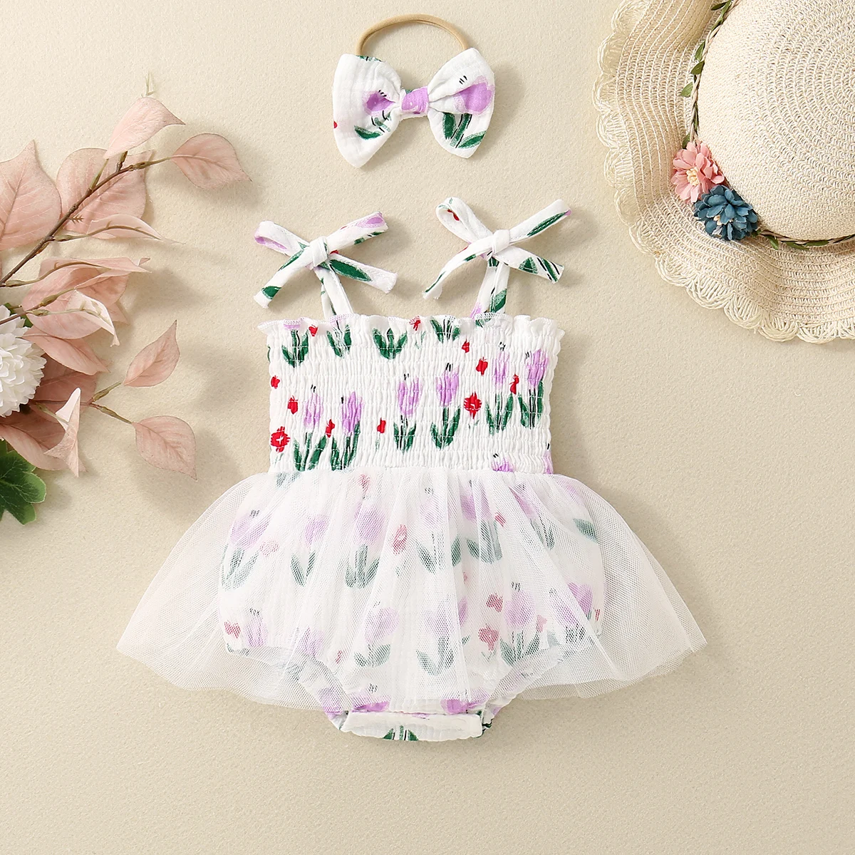 Summer Infant Girl's White Strap Romper with Tulle Skirt And Bow Headband Two-Piece Set Cute And Sweet