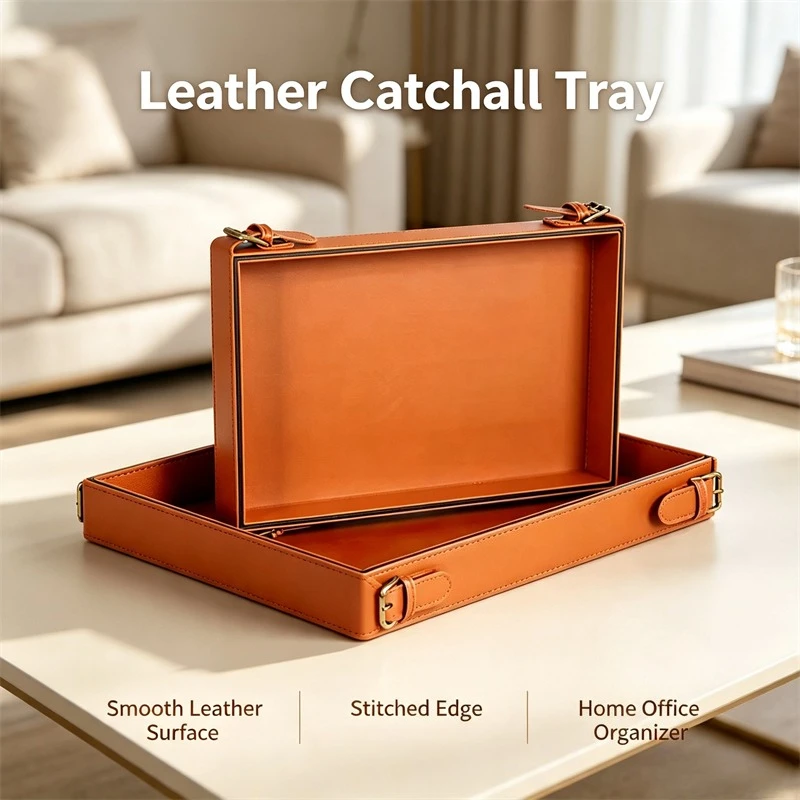 Vintage Leather Storage Tray Metal Buckle Desktop Catch‑all Organizer Decor Holder Keys Jewelry Home Office Housewarming Gift
