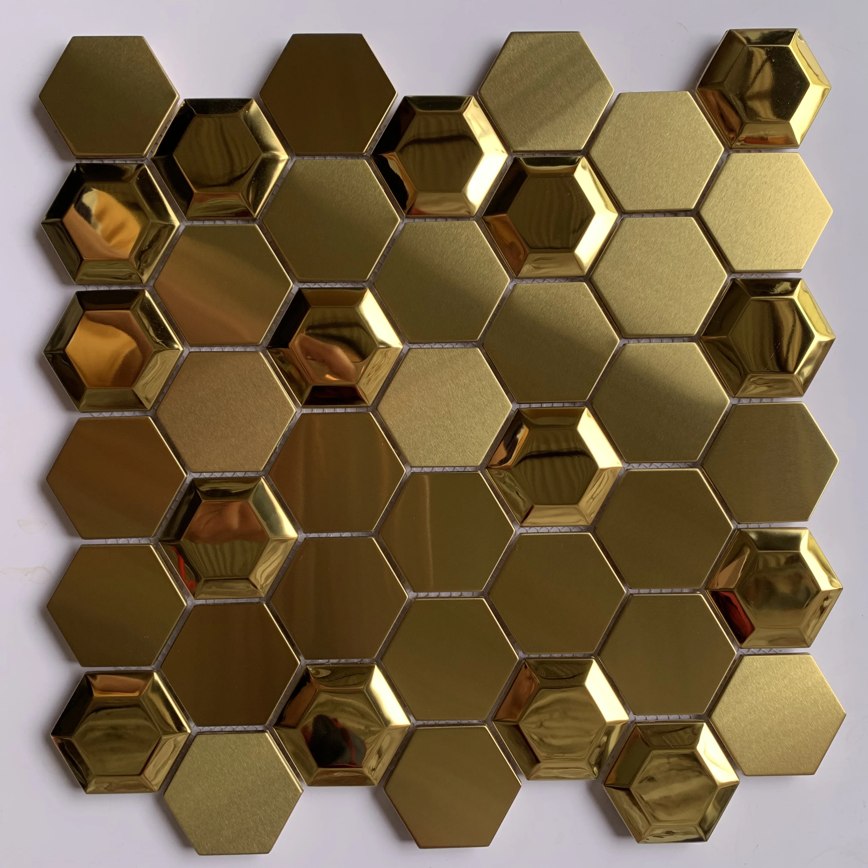 

3D polished gold hexagoanl stainless steel metal mosaic tile for KTV living room decoration