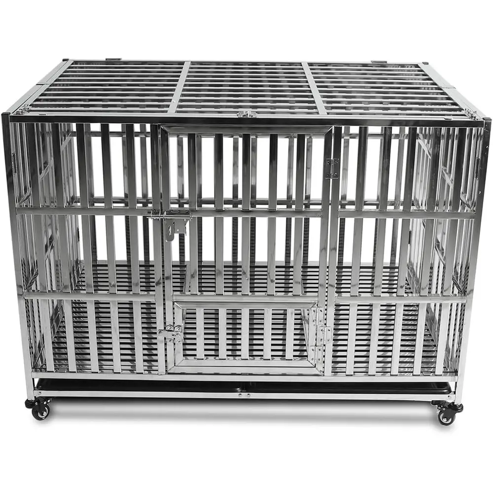 

Sturdy 47 Stainless Steel Dog Crate with Lockable Wheels and Removable Trays for Large Dogs, Stackable Option