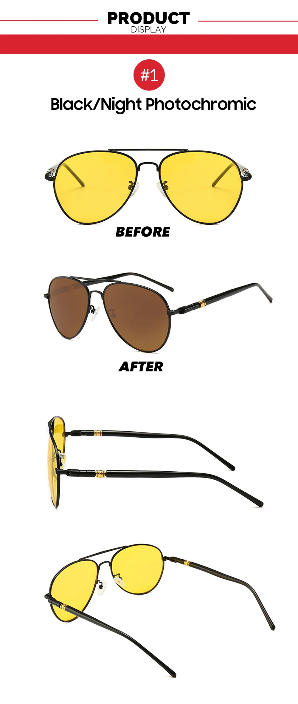 VIVIBEE Photochrome Sonnenbrille Herren Pilot Fahren Gelb Farbwechsel Polarisierte Damen Sonnenbrille Luftfahrt Tag- und Nachtsicht – Detail 8