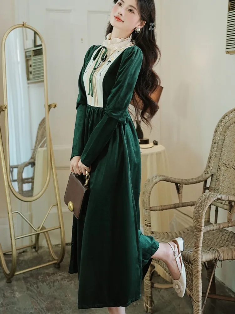 Vintage Green Velvet Midi Dress for Women Autumn Long Sleeve Ruffles O-neck Lace-up Slim Evening Party Robe Elegant Vestidos New