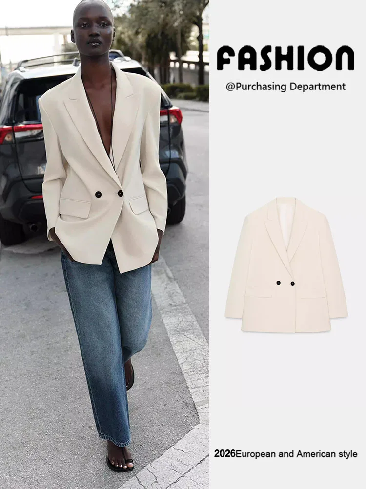 Spring New Arrival Women's Long Sleeve Double-Breasted Loose Suit Jacket Elegant Collar Double Row Buttons Fashion Outerwear