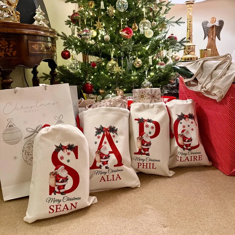 

Personalized Name Santa Canvas Sack Christmas Present Gift Bag for Kids Boys Girls Merry Xmas Holiday Party Decoration Toy Sack