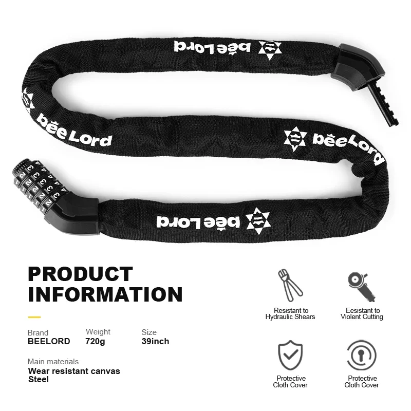 BEELORD Bike Chain Lock Security Anti-Theft Heavy Duty 6MM Thick with 2 Key Ultra-light Bicycle Lock for Bike Motorcycle Scooter