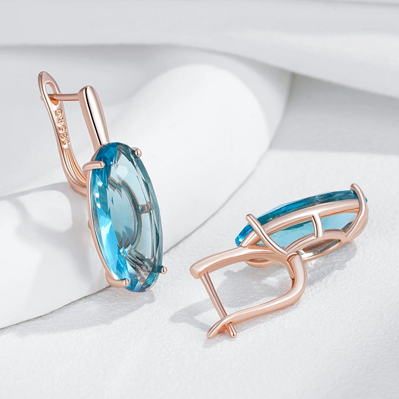 Kinel Hot Shiny Blue Big Oval Dangle Earrings For Women 585 Rose Gold Color With Natural Zircon High Quality Daily Fine Jewelry