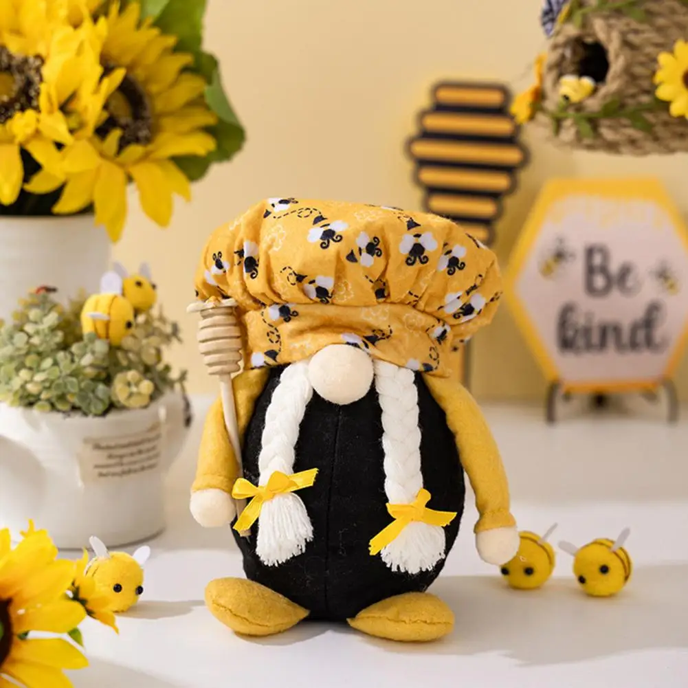 Bee Day Doll Ornament Whimsical Gnome Doll with Bee Day Element Faceless Elf Ornament Fabric Home Decor Figure Hat Cute Garden