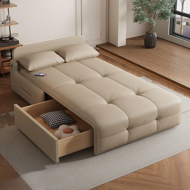 

Leather electric sofa bed multifunctional living room small apartment bedroom foldable electric retractable sofa wireless remote