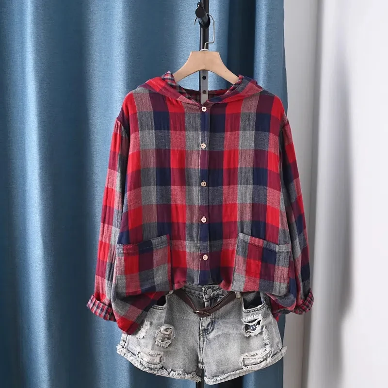 

100% Cotton Yarn Hooded Shirt Blouse Women Long Sleeve Tops Japan Style Single-breasted Plaid Coat 2025 Spring Tops
