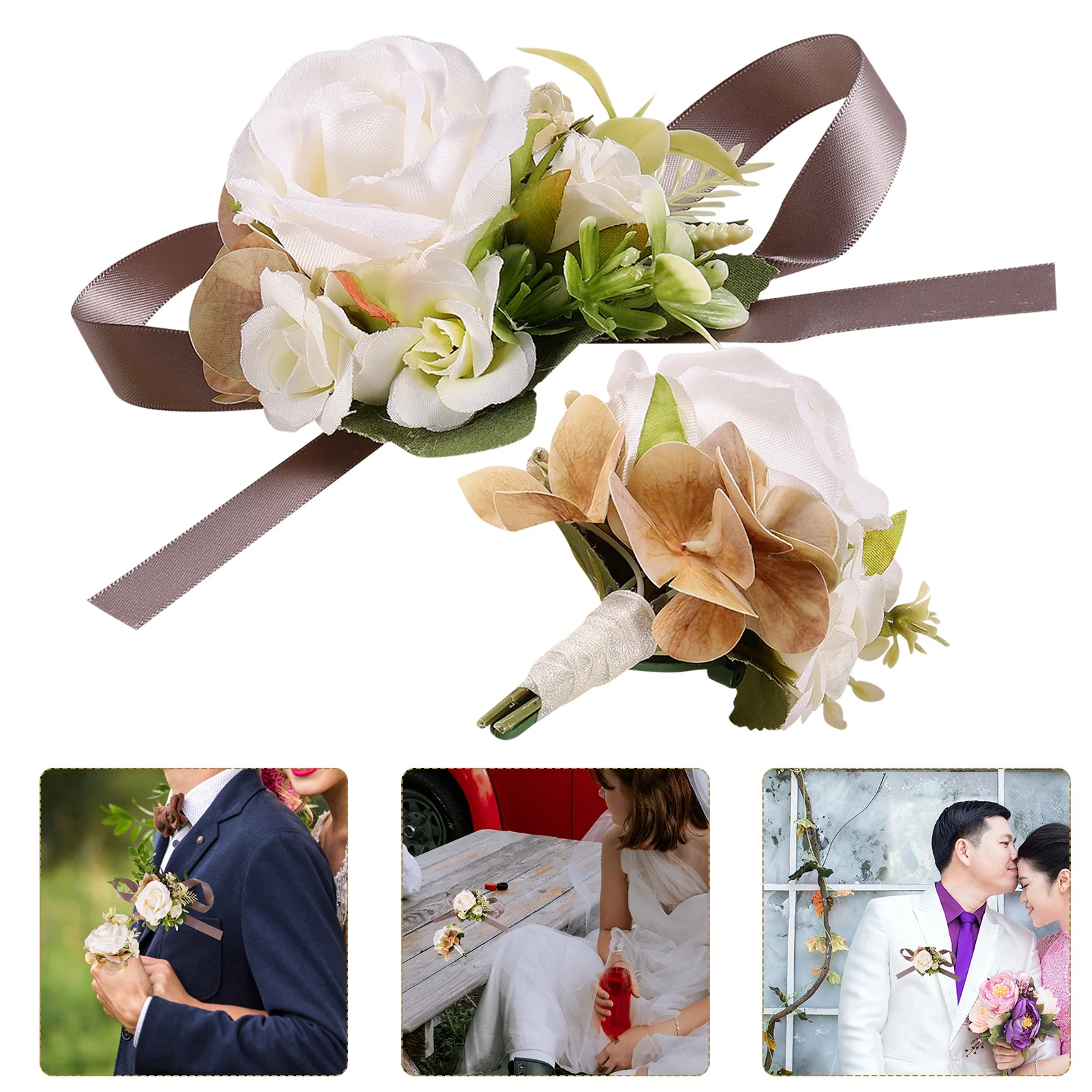

1Set Artificial Wrist Corsage Boutonniere Set for Bridal Couple Prop Light Suitable Any Occasion Corsage Bracelet