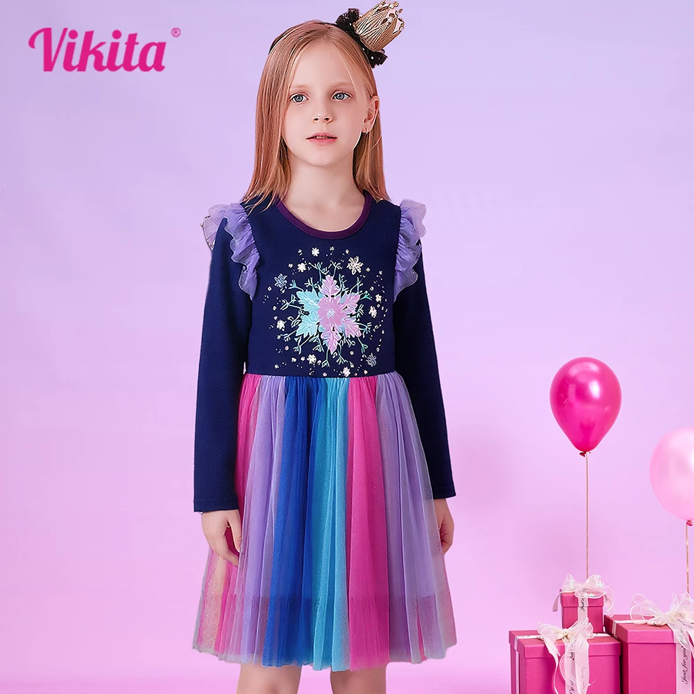 

VIKITA Girl Snowflakes Autumn Spring Dress Kids Colorful Gradient Mesh Tulle Princess Birthday Party Casual Cute Fashion Frocks