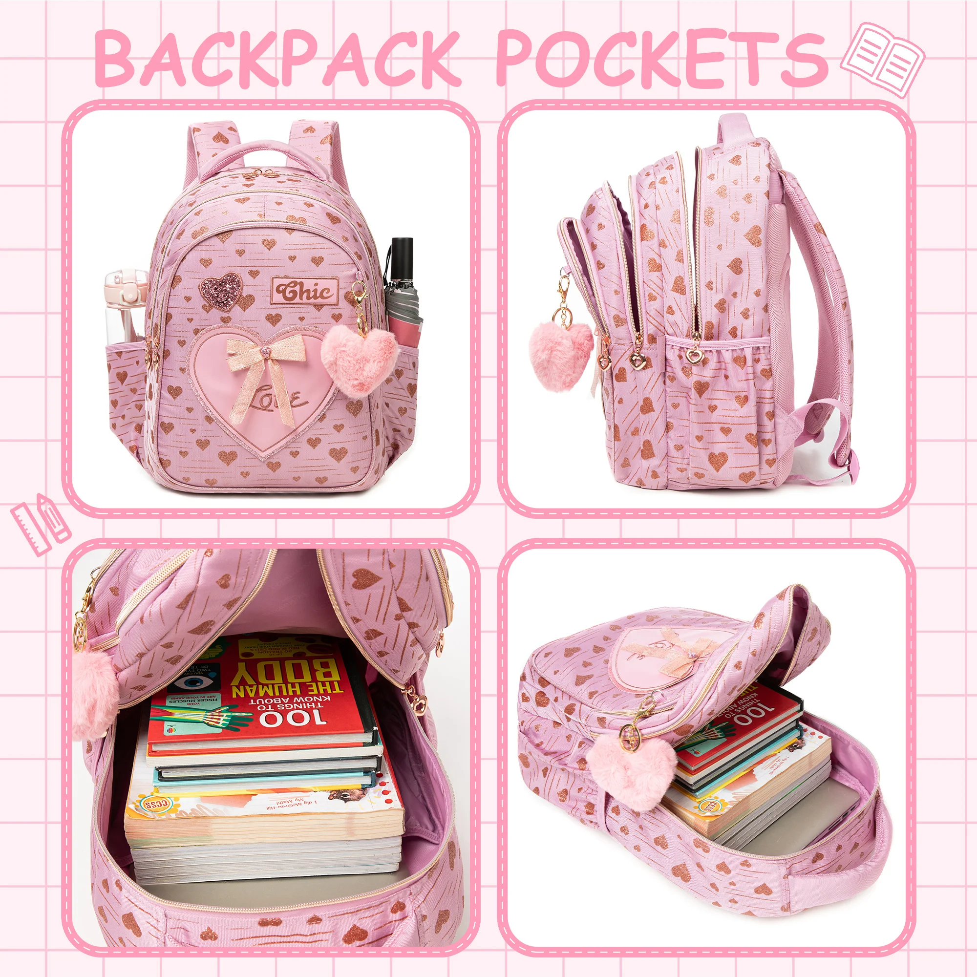 Girls Canvas Backpack Set with Lunch Box, School Laptop Bookbag for Elementary Students image 4