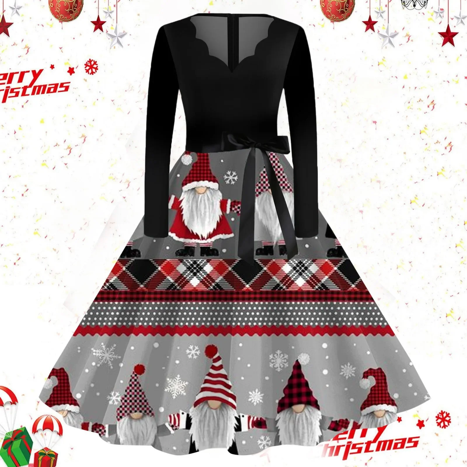 

Women Xmas Doll Print Winter Dress Black Long Sleeve Vintage Christmas Party Pin up Rockabilly Prom Dress Robe Femme Vestidos