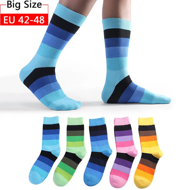 5 Pairs Plus Size 47,48 Rainbow Socks Mens Happy Colourful Combed Cotton Crew Socks Party Gifts Creative Socks Calcetines Hombre