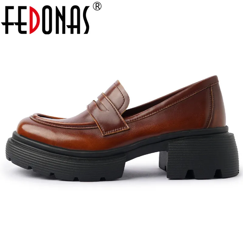 

FEDONAS Platforms Casual Women Pumps Concise Retro Genuine Leather Thick Heels Loafers Shoes Woman Spring Summer Working Casual