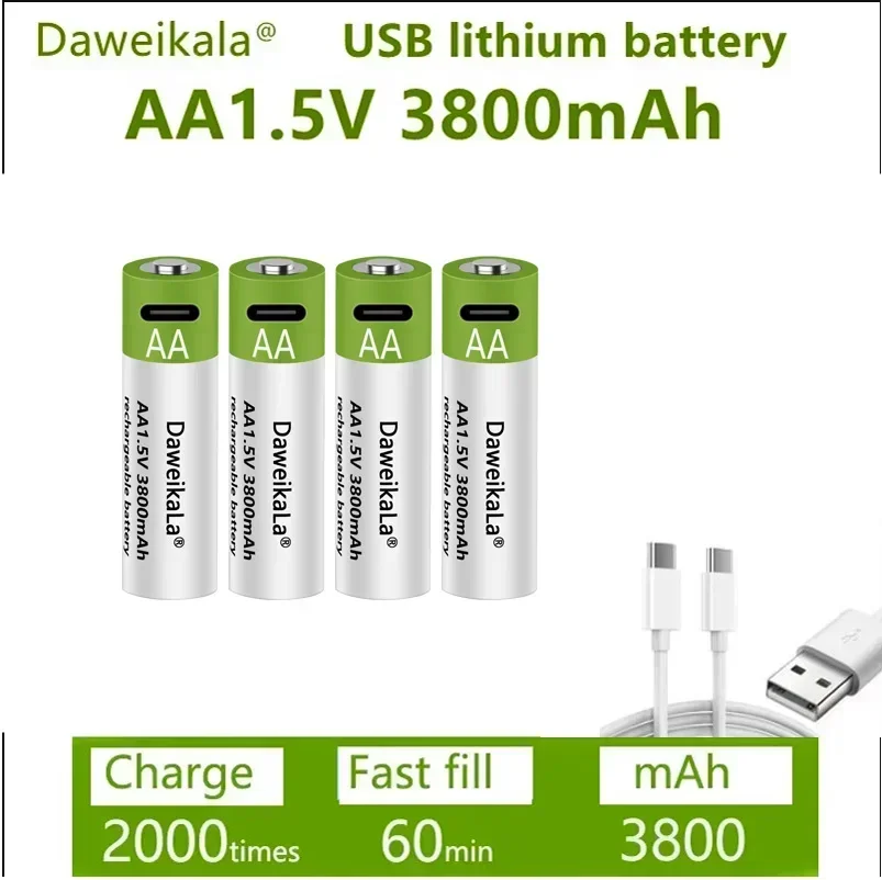 Fast charging 1.5 V rechargeable battery AA1.5V 3800 MAH lithium battery replacement LED flashlight, camera, keyboard and mouse