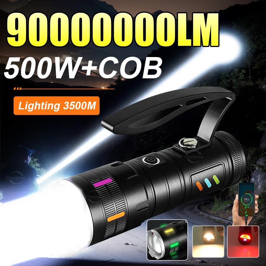 

2025 500W+COB Ultra Bright LED Flashlight USB Rechargeable Zoomable Tactical Torch Adjustable Focus Camping Hiking Emergency