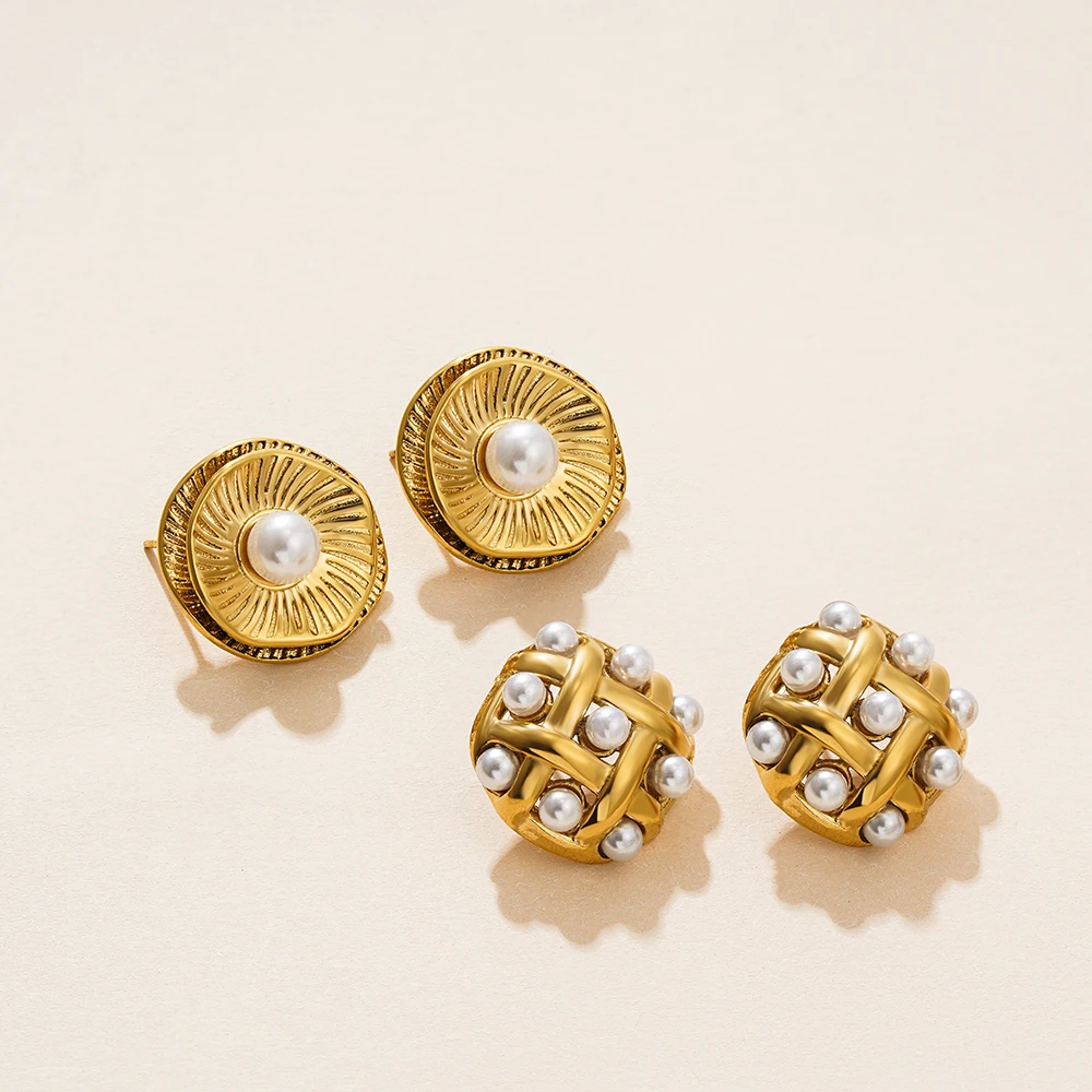 Vintage Gold Plated Stainless Steel Earrings for Women Metal Weave Double Layer Imitation Pearl Stud Earring Elegant Jewelry