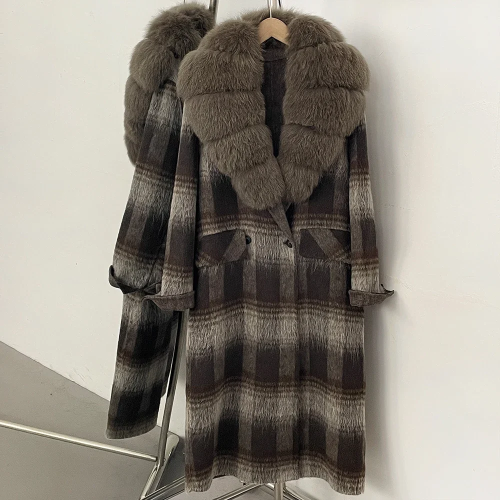 OFTBUY New Warm Winter Outerwear for Female Mid Long 100% Wool Coat Women Real Fox Fur Lapel Collar Vintage Plaid Woolen Jacket