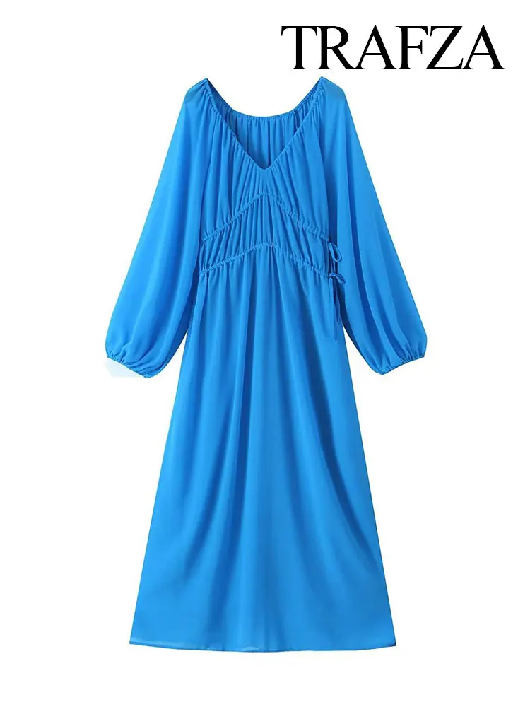 TRAFZA 2023 New Fashion Elegant Women Dress V Neck Long Lantern Sleeve Ruffled Waist Chiffon Resort Style Solid Casual Dresses